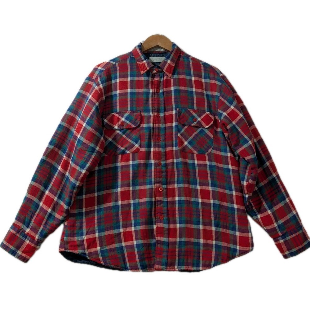 Vintage Windbreaker Plaid Flannel Lined Jacket Unisex Large‎ Button Up Red Blue